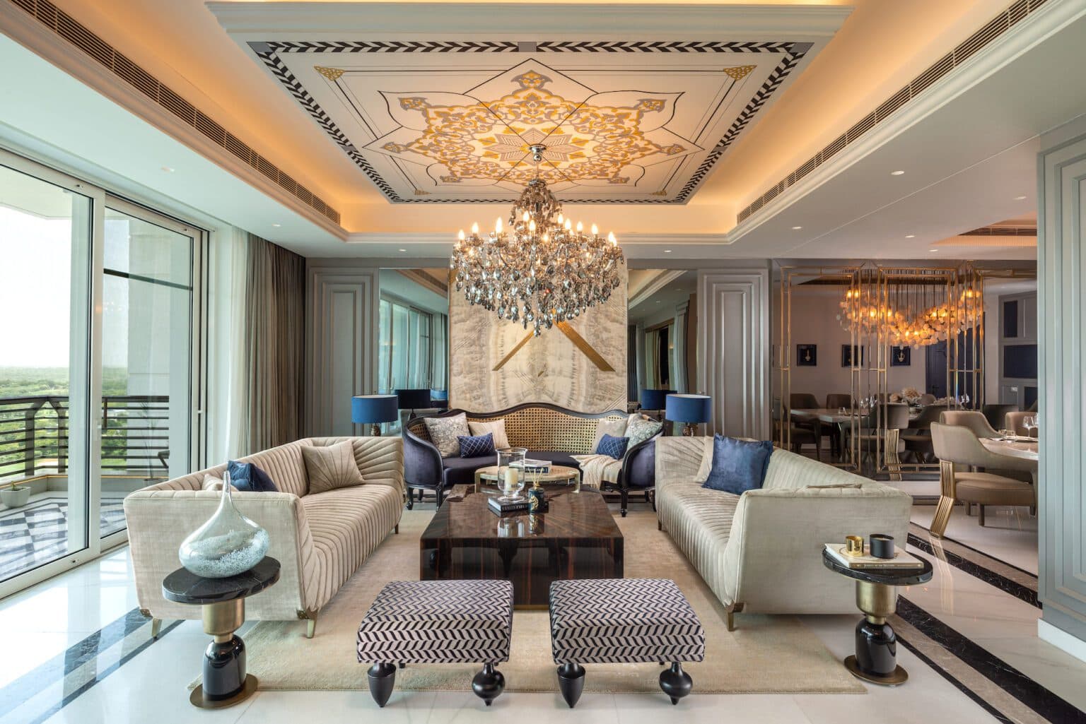 Leena Monga of Agnom Designs congregates a Neoclassical approach with the allure of castles in a swanky Indian habitat — interior design by Agnom Designs in DLF Camellias, Gurgaon